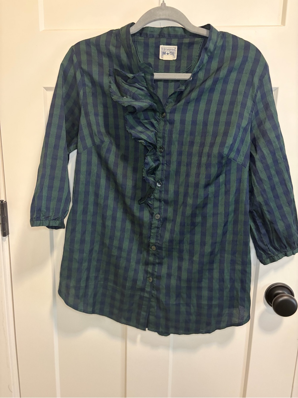 Converse Green and Navy Plaid Ruffle Button-Up Top Size L